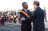 El ministro de Defensa, José Bono, impone la Gran Cruz del merito naval, con distintivo Blanco, al escritor Arturo Perez Reverte, a bordo del portaaviones Principe de Asturias, durante la ceremonia homenaje a los caidos en la batalla de Trafalgar