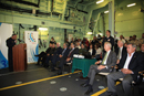 El ministro Pedro Morenes junto a los ministros de Portugal, José Pedro Aguilar, y de Marruecos, Abdellatif Loudiyi a bordo de la fragata Vasco de Gama